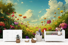 Load image into Gallery viewer, 3D Floral Meadow Wallpaper Mural For Nursery – Whimsical Wildflower Field And Sky – Colorful Baby Room Decor Or Stylish Gift For Baby Shower