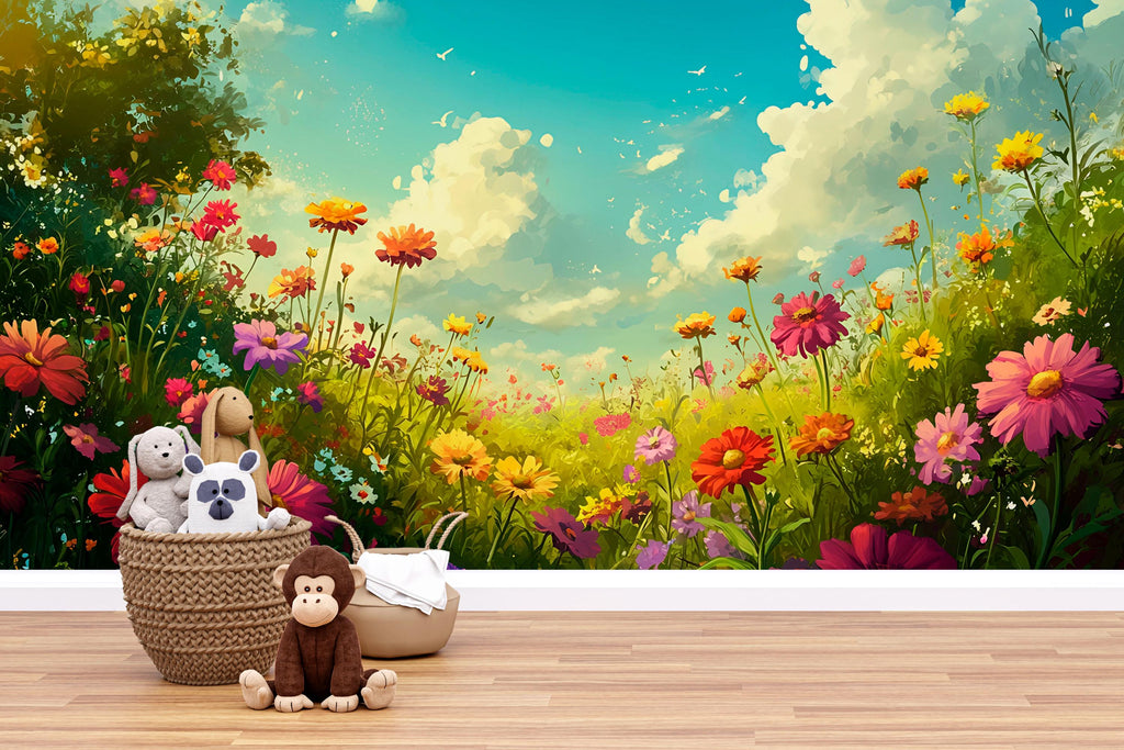 3D Floral Meadow Wallpaper Mural For Nursery – Whimsical Wildflower Field And Sky – Colorful Baby Room Decor Or Stylish Gift For Baby Shower