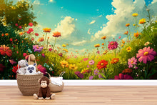 Load image into Gallery viewer, 3D Floral Meadow Wallpaper Mural For Nursery – Whimsical Wildflower Field And Sky – Colorful Baby Room Decor Or Stylish Gift For Baby Shower