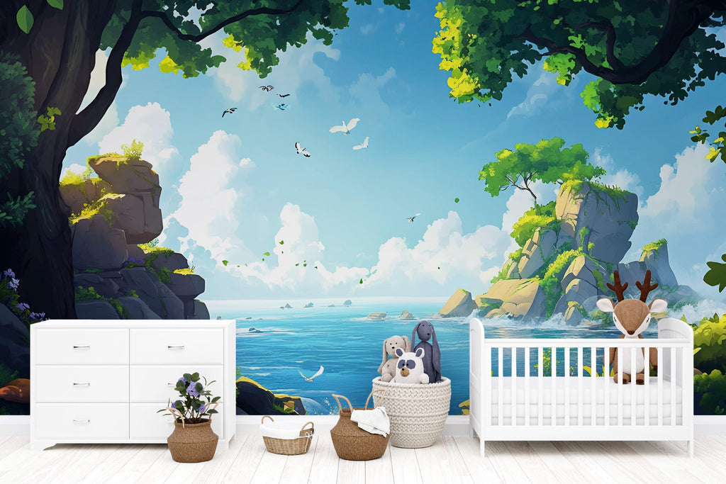3D Ocean Cliff Wallpaper Mural For Nursery – Illustrated Nature Seaside Scene With Rocks, Birds And Trees – Baby Room Decor Or Stylish Gift