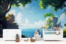 Load image into Gallery viewer, 3D Ocean Cliff Wallpaper Mural For Nursery – Illustrated Nature Seaside Scene With Rocks, Birds And Trees – Baby Room Decor Or Stylish Gift