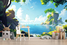 Load image into Gallery viewer, 3D Ocean Cliff Wallpaper Mural For Nursery – Illustrated Nature Seaside Scene With Rocks, Birds And Trees – Baby Room Decor Or Stylish Gift