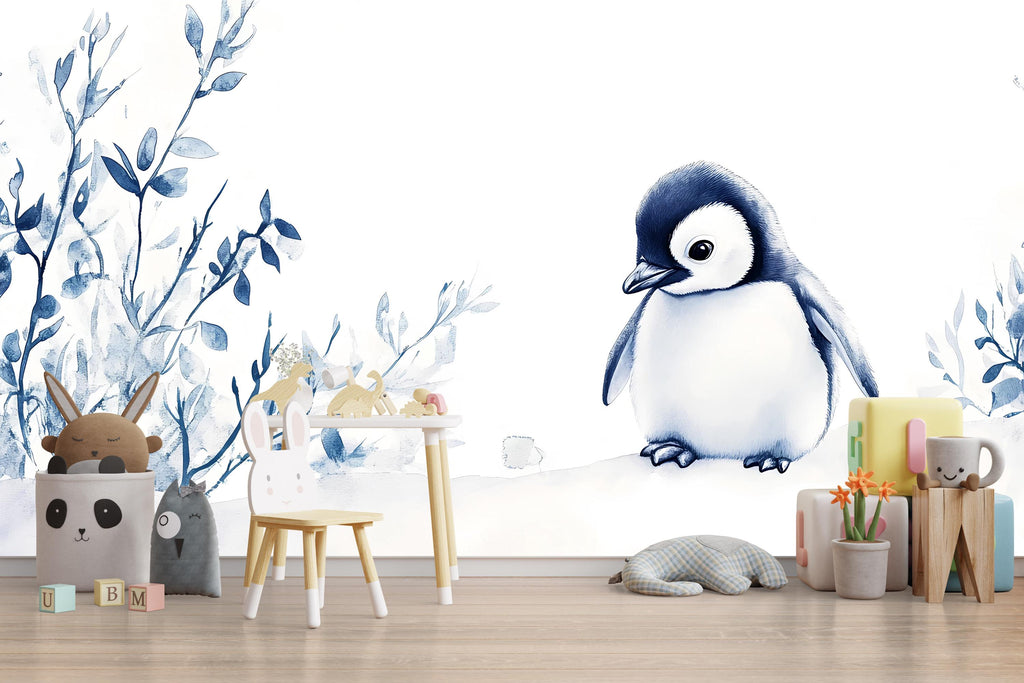 Penguin Nursery Wall Mural | Blue Baby Room Wallpaper | Arctic Animal Nursery Decor | Gender Neutral Nursery Art | Winter Baby Room Vn519
