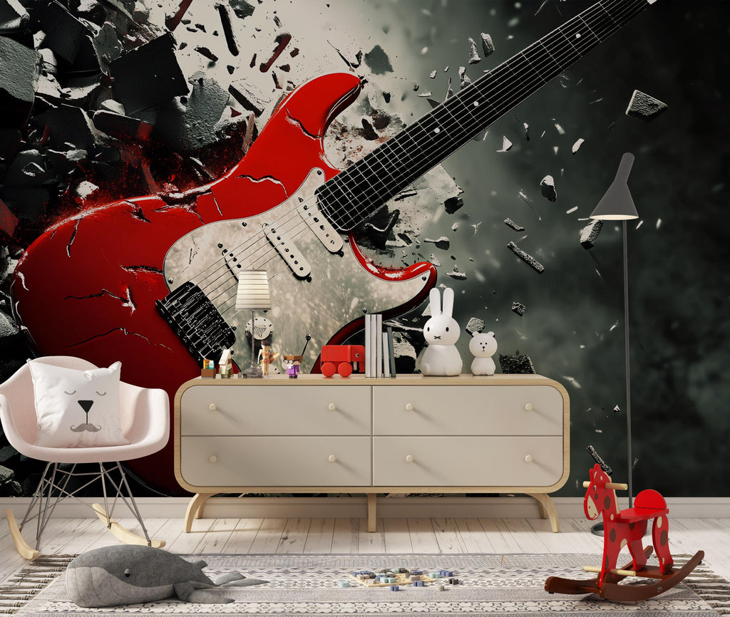 Red Electric Guitar Wall Mural for Kids Room – Bold Rock Music Wallpaper – Teen Bedroom Decor – Music Lover Gift Vn521