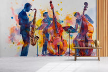 Load image into Gallery viewer, Jazz Band Wall Mural | Watercolor Music Art | Saxophone &amp; Bass Silhouette Vn523