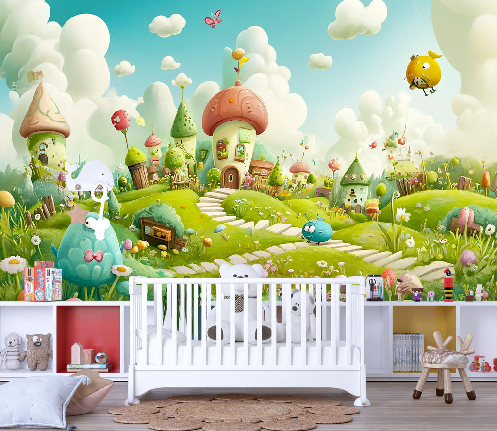 3D Cartoon Village Wallpaper Mural For Nursery – Whimsical Landscape With Fantasy Houses And Cute Creatures – Baby Room Decor