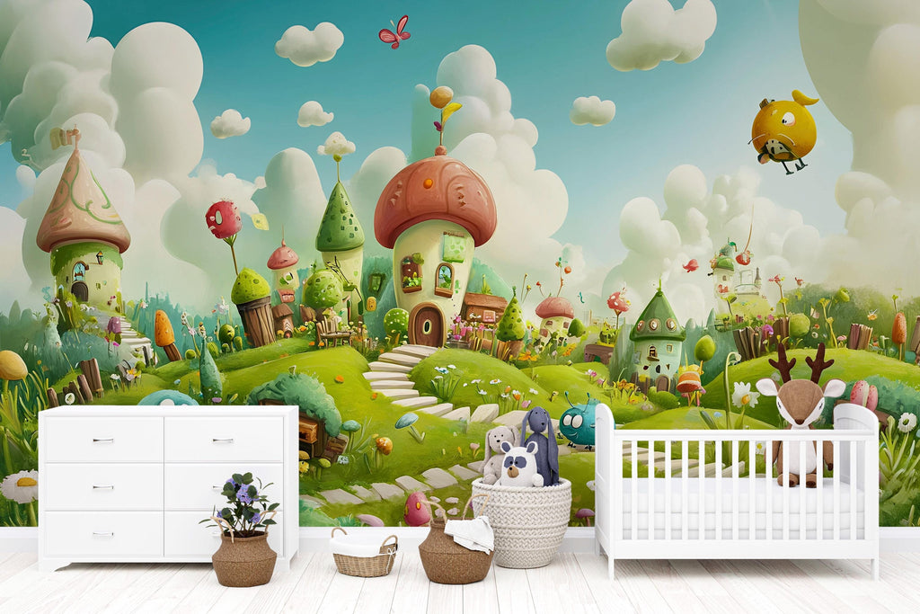 3D Cartoon Village Wallpaper Mural For Nursery – Whimsical Landscape With Fantasy Houses And Cute Creatures – Baby Room Decor