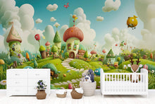 Load image into Gallery viewer, 3D Cartoon Village Wallpaper Mural For Nursery – Whimsical Landscape With Fantasy Houses And Cute Creatures – Baby Room Decor