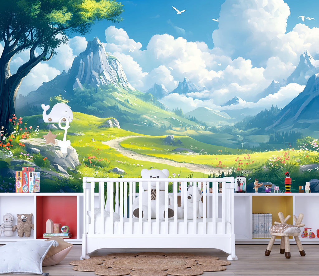 3D Mountain Landscape Wallpaper Mural For Nursery – Peaceful Sky, Green Hills And Storybook Style – Baby Room Wall Art Or Gift