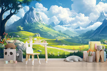 Load image into Gallery viewer, 3D Mountain Landscape Wallpaper Mural For Nursery – Peaceful Sky, Green Hills And Storybook Style – Baby Room Wall Art Or Gift