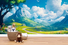 Load image into Gallery viewer, 3D Mountain Landscape Wallpaper Mural For Nursery – Peaceful Sky, Green Hills And Storybook Style – Baby Room Wall Art Or Gift