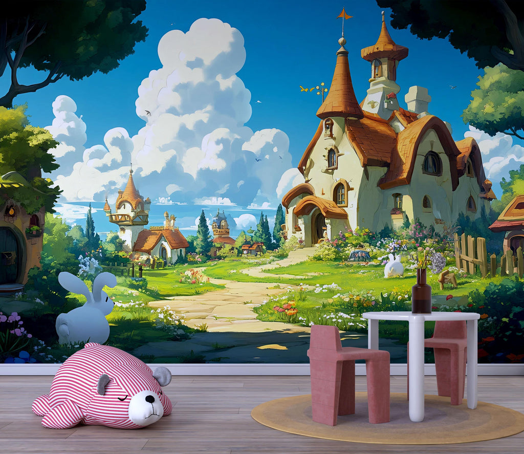 3D Fairytale Village Wallpaper Mural For Nursery – Whimsical Castle House And Garden Scene With Bunnies – Baby Room Decor Or Gift