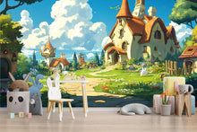 Load image into Gallery viewer, 3D Fairytale Village Wallpaper Mural For Nursery – Whimsical Castle House And Garden Scene With Bunnies – Baby Room Decor Or Gift