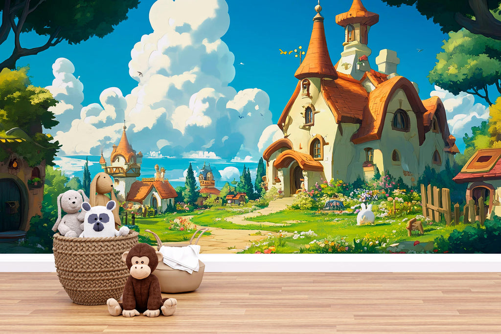 3D Fairytale Village Wallpaper Mural For Nursery – Whimsical Castle House And Garden Scene With Bunnies – Baby Room Decor Or Gift