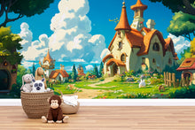 Load image into Gallery viewer, 3D Fairytale Village Wallpaper Mural For Nursery – Whimsical Castle House And Garden Scene With Bunnies – Baby Room Decor Or Gift