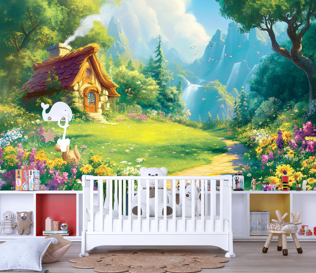 3D Forest Cottage Wallpaper Mural For Nursery – Fairytale Meadow Path And Waterfalls – Baby Room Decor Or Whimsical Gift For Baby Shower