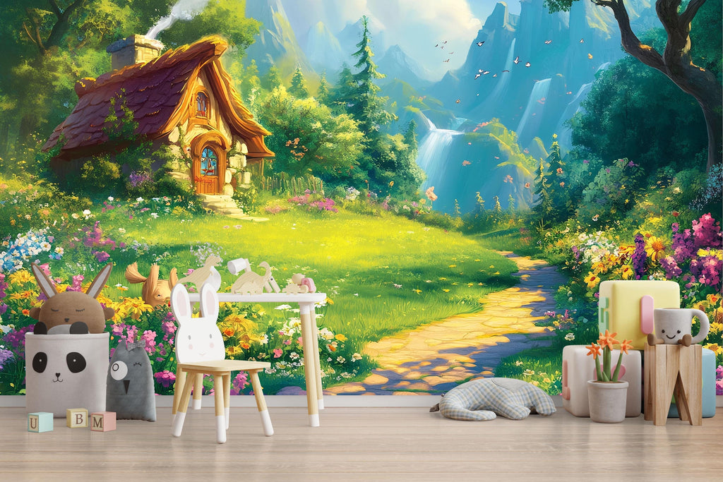 3D Forest Cottage Wallpaper Mural For Nursery – Fairytale Meadow Path And Waterfalls – Baby Room Decor Or Whimsical Gift For Baby Shower