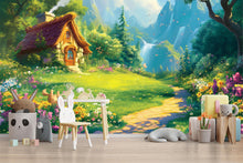Load image into Gallery viewer, 3D Forest Cottage Wallpaper Mural For Nursery – Fairytale Meadow Path And Waterfalls – Baby Room Decor Or Whimsical Gift For Baby Shower