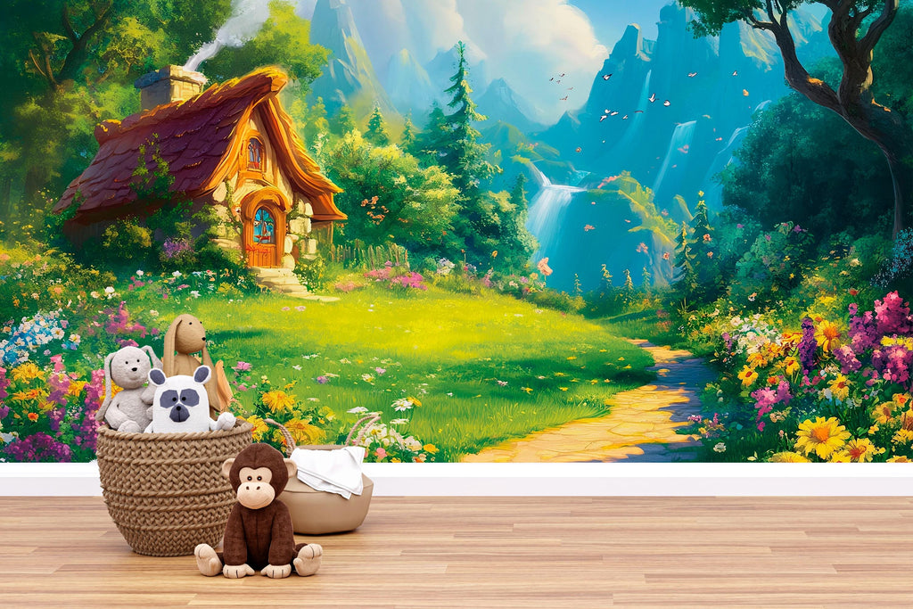 3D Forest Cottage Wallpaper Mural For Nursery – Fairytale Meadow Path And Waterfalls – Baby Room Decor Or Whimsical Gift For Baby Shower