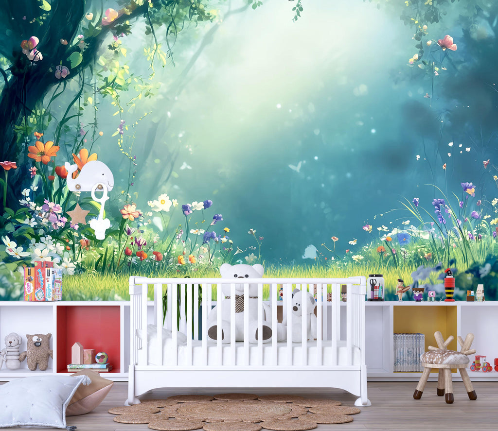 3D Enchanted Forest Wallpaper Mural For Nursery – Whimsical Flowers And Magical Light – Baby Room Wall Art Or Gift For Baby Shower
