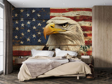 Load image into Gallery viewer, American Flag Wallpaper With Bald Eagle – Rustic USA Wall Mural – Patriotic Bedroom Wallpaper – Vintage Wood Plank Look – US Pride