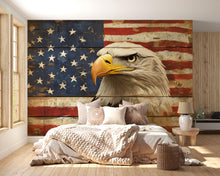 Load image into Gallery viewer, American Flag Wallpaper With Bald Eagle – Rustic USA Wall Mural – Patriotic Bedroom Wallpaper – Vintage Wood Plank Look – US Pride