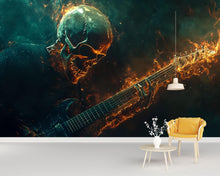 Load image into Gallery viewer, Heavy Metal Skull Guitar Wallpaper – Rock Flame Wall Mural – Dark Grunge Decor For Music Room Or Studio – Gothic Peel And Stick Wallpaper