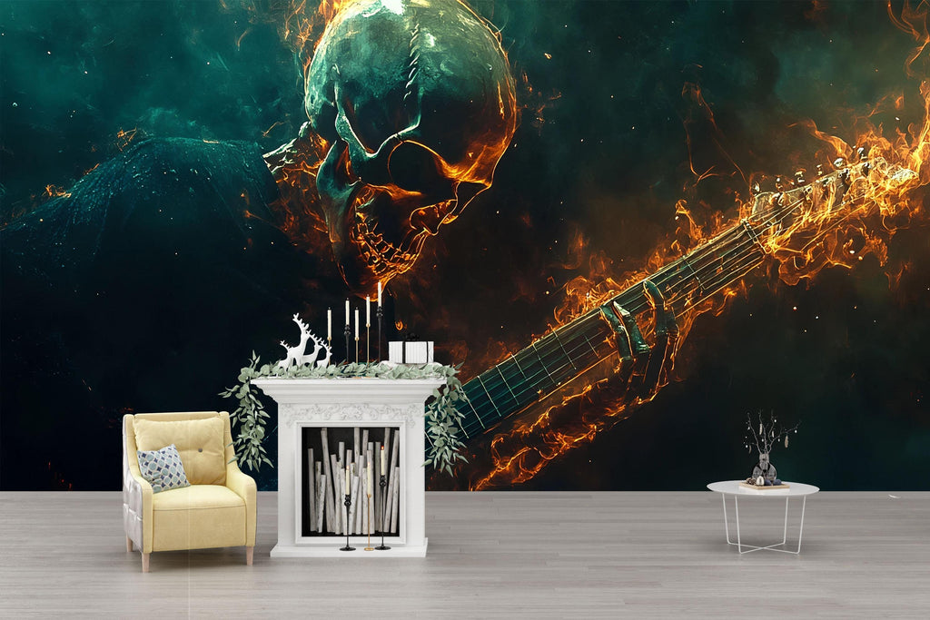 Heavy Metal Skull Guitar Wallpaper – Rock Flame Wall Mural – Dark Grunge Decor For Music Room Or Studio – Gothic Peel And Stick Wallpaper