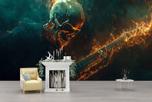 Load image into Gallery viewer, Heavy Metal Skull Guitar Wallpaper – Rock Flame Wall Mural – Dark Grunge Decor For Music Room Or Studio – Gothic Peel And Stick Wallpaper