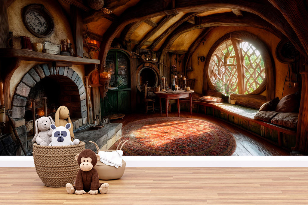 Hobbit-Inspired Nursery Wall Mural – Cozy Fantasy Fireplace & Round Window Scene – Storybook Woodland Baby Room Decor Vn605