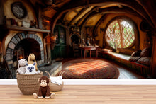 Load image into Gallery viewer, Hobbit-Inspired Nursery Wall Mural – Cozy Fantasy Fireplace &amp; Round Window Scene – Storybook Woodland Baby Room Decor Vn605