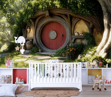 Load image into Gallery viewer, Hobbit Nursery Wall Mural – Fantasy Woodland Door Backdrop | Cozy Kids Room Decor | Enchanted Hobbit Hole Wallpaper Vn606