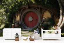 Load image into Gallery viewer, Hobbit Nursery Wall Mural – Fantasy Woodland Door Backdrop | Cozy Kids Room Decor | Enchanted Hobbit Hole Wallpaper Vn606