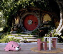 Load image into Gallery viewer, Hobbit Nursery Wall Mural – Fantasy Woodland Door Backdrop | Cozy Kids Room Decor | Enchanted Hobbit Hole Wallpaper Vn606
