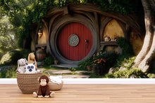 Load image into Gallery viewer, Hobbit Nursery Wall Mural – Fantasy Woodland Door Backdrop | Cozy Kids Room Decor | Enchanted Hobbit Hole Wallpaper Vn606