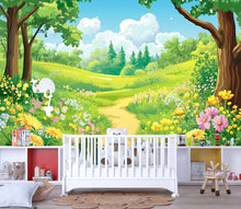 Load image into Gallery viewer, Whimsical Forest Meadow Wall Mural for Kids Room – Nature Cartoon Landscape Wallpaper for Nursery or Playroom Decor Vn618