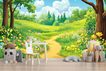 Load image into Gallery viewer, Whimsical Forest Meadow Wall Mural for Kids Room – Nature Cartoon Landscape Wallpaper for Nursery or Playroom Decor Vn618