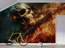 Load image into Gallery viewer, Flaming Skull Guitar Wallpaper – Fire Rock Music Wall Mural – Skull Music Lover Decor – Grunge Bedroom Art – Peel And Stick Wallpaper Gift