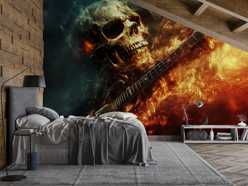 Flaming Skull Guitar Wallpaper – Fire Rock Music Wall Mural – Skull Music Lover Decor – Grunge Bedroom Art – Peel And Stick Wallpaper Gift