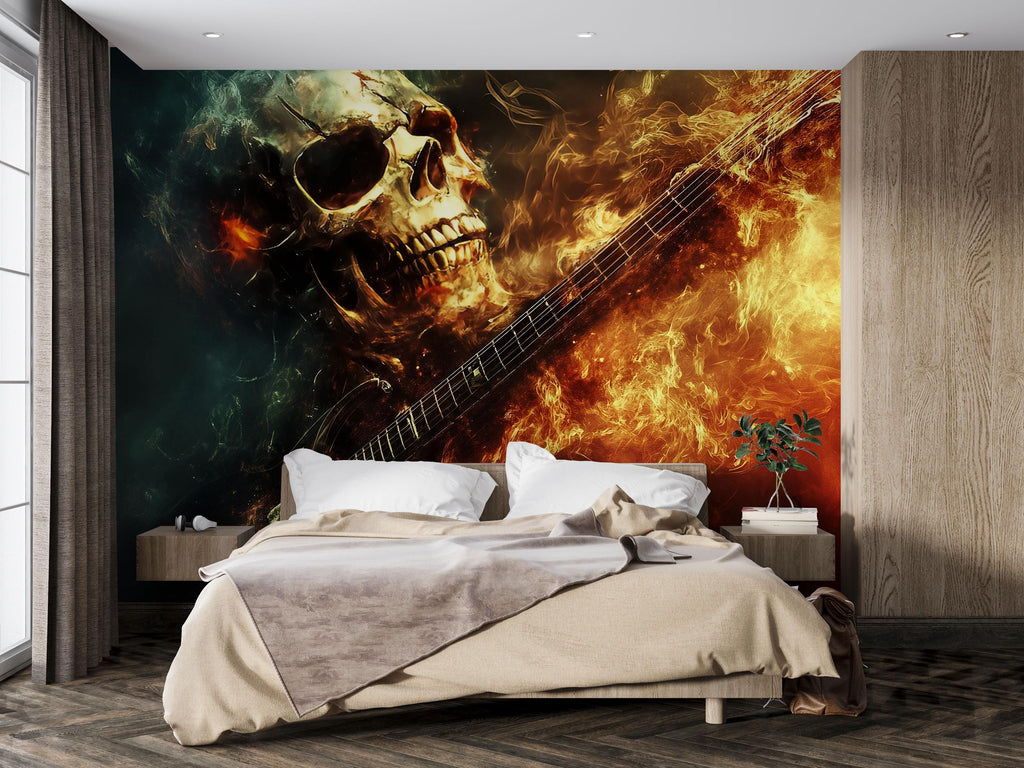 Flaming Skull Guitar Wallpaper – Fire Rock Music Wall Mural – Skull Music Lover Decor – Grunge Bedroom Art – Peel And Stick Wallpaper Gift