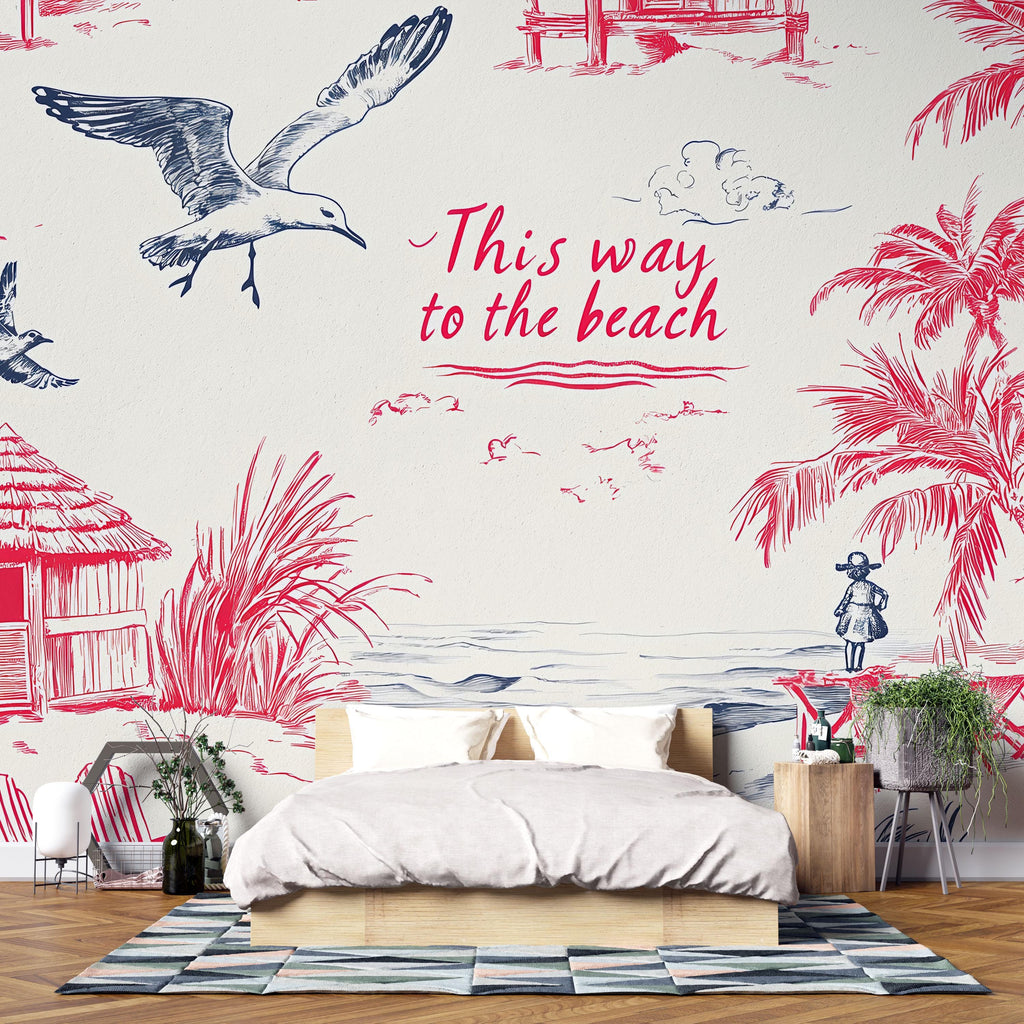 Beach House Wallpaper • Stylish Ocean Wall Mural • Tropical Coastal Decor for Bedroom or Living Room • “This Way to the Beach” Seaside Art