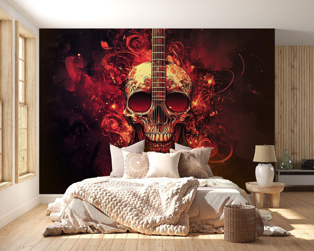 Ornamental Skull Guitar Wallpaper – Fiery Red Rock Music Wall Mural – Skull Art For Music Studio, Teen Room Or Man Cave – Peel And Stick