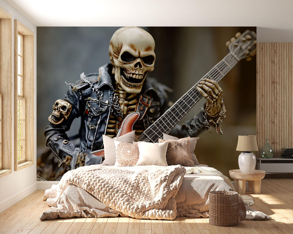 Skeleton Rocker Guitar Wallpaper – Cool Skull In Leather Jacket Music Wall Mural – Edgy Peel And Stick Rock Decor For Music Studio