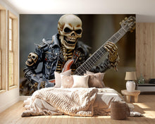 Load image into Gallery viewer, Skeleton Rocker Guitar Wallpaper – Cool Skull In Leather Jacket Music Wall Mural – Edgy Peel And Stick Rock Decor For Music Studio