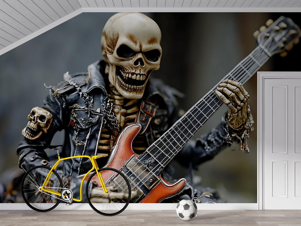 Skeleton Rocker Guitar Wallpaper – Cool Skull In Leather Jacket Music Wall Mural – Edgy Peel And Stick Rock Decor For Music Studio