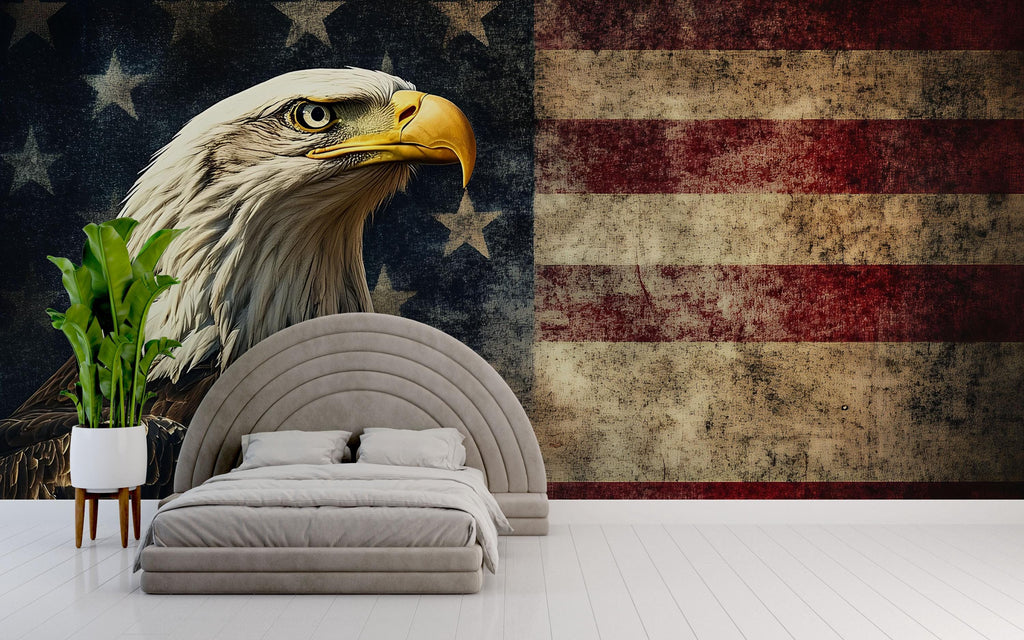 Bald Eagle American Flag Wallpaper – Grunge USA Wall Mural With Rustic Patriotic Decor – Vintage Peel And Stick Eagle Wallpaper For Bedroom