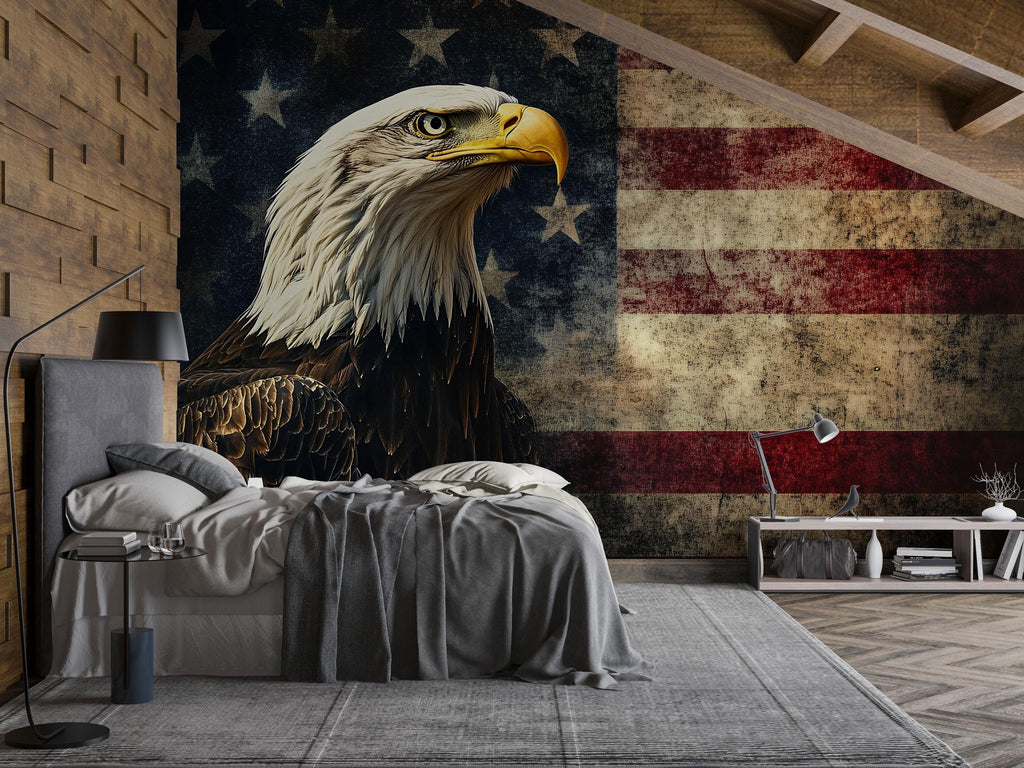 Bald Eagle American Flag Wallpaper – Grunge USA Wall Mural With Rustic Patriotic Decor – Vintage Peel And Stick Eagle Wallpaper For Bedroom