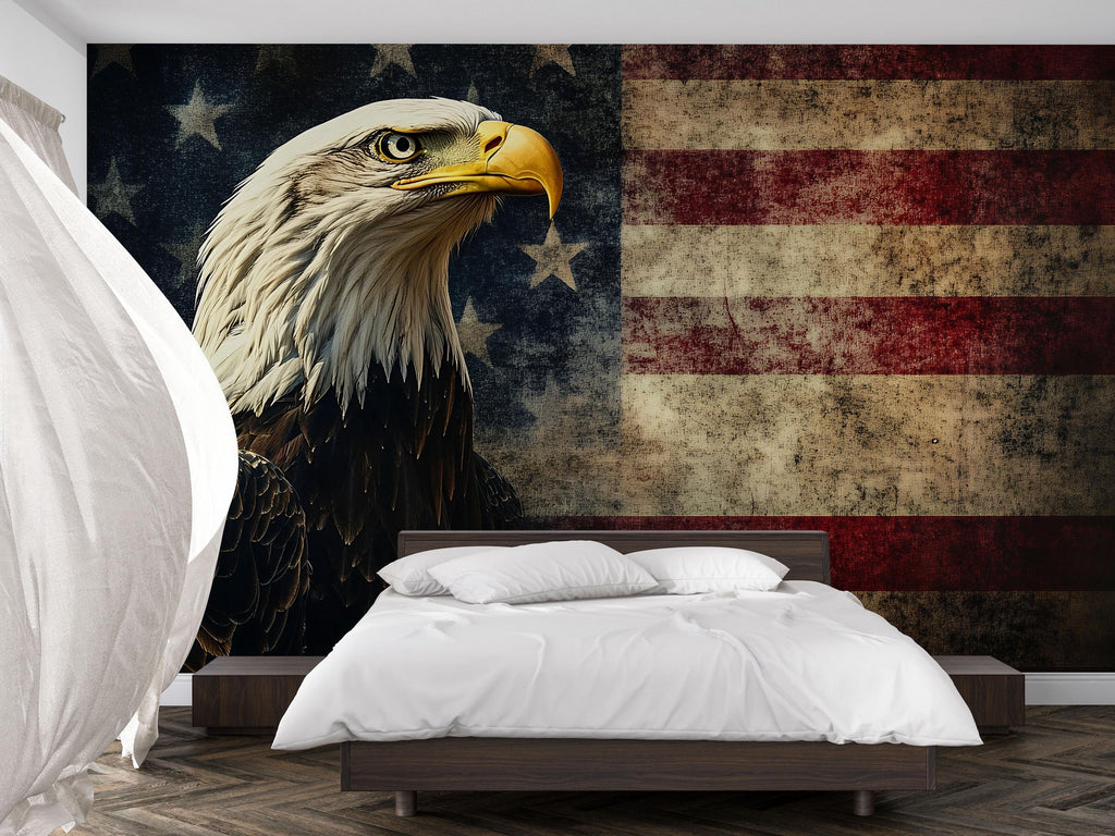 Bald Eagle American Flag Wallpaper – Grunge USA Wall Mural With Rustic Patriotic Decor – Vintage Peel And Stick Eagle Wallpaper For Bedroom