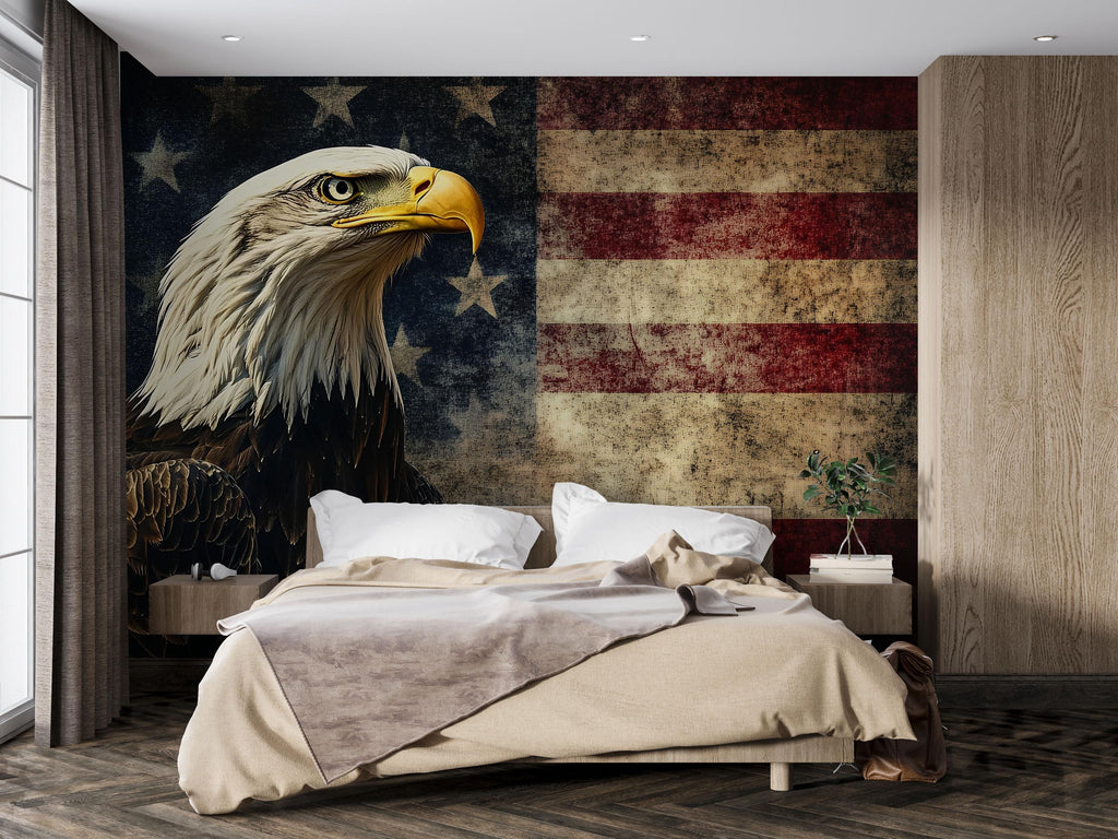 Bald Eagle American Flag Wallpaper – Grunge USA Wall Mural With Rustic Patriotic Decor – Vintage Peel And Stick Eagle Wallpaper For Bedroom
