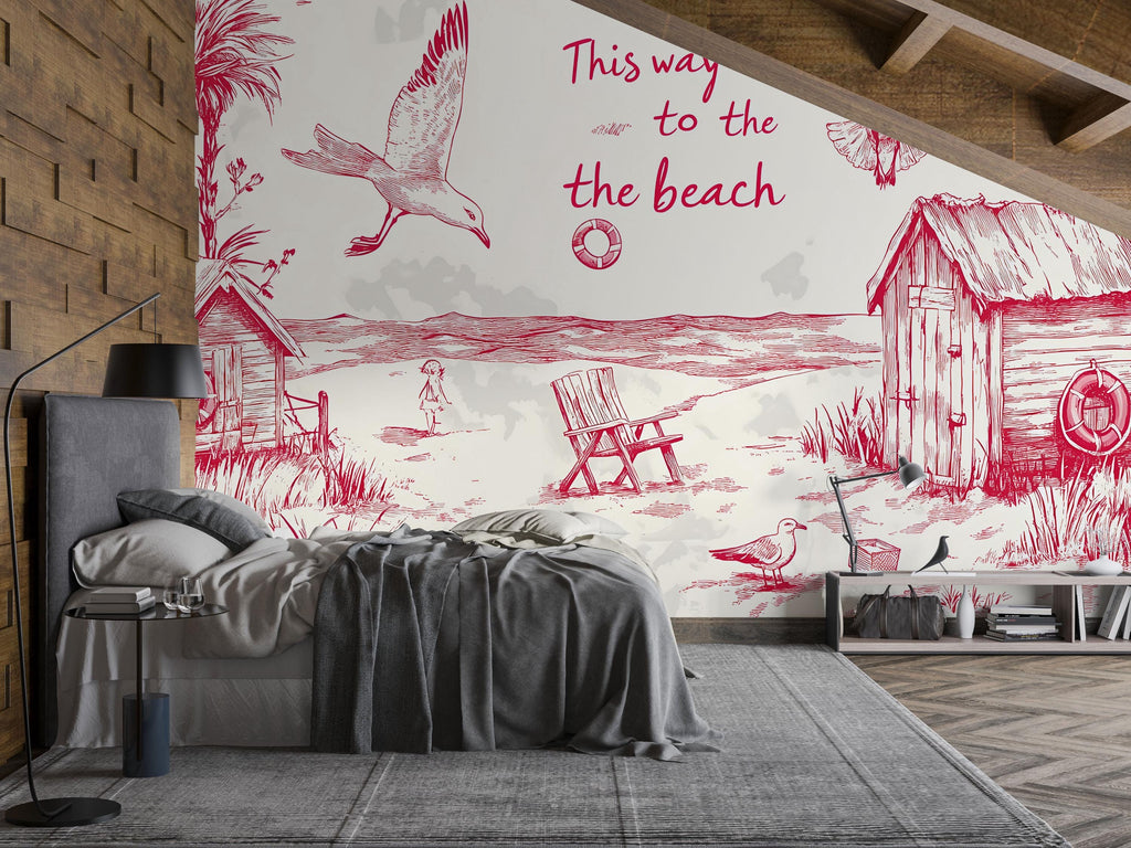 Beach House Wallpaper – Vintage Red And White Coastal Wall Mural With Seagull, Huts, And Chairs – Stylish “This Way To The Beach” Decor